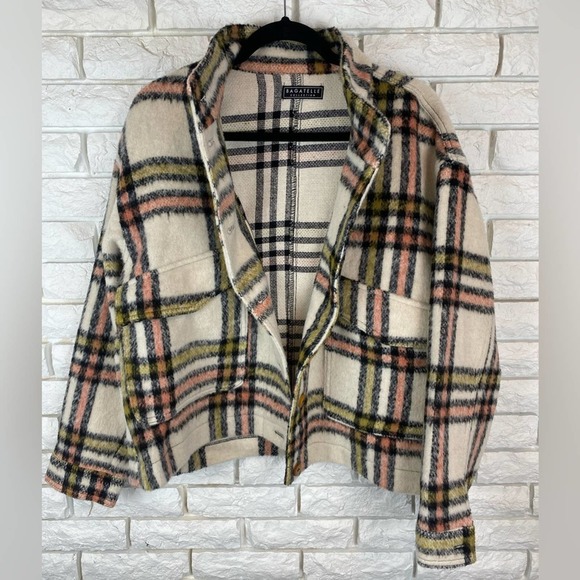 Bagatelle Checkered Teddy Jacket in Cream, Pink, and Black - Picture 2 of 8